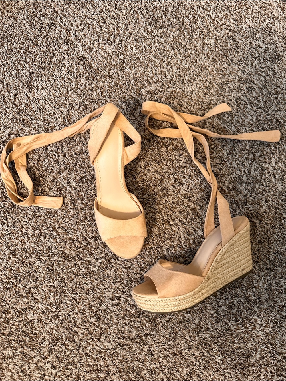 Espadrille Wedge Sandals with Ankle Wraps in Tan